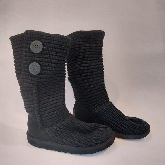 UGG Boots Womens 4 Black Cable Knit Sweater Lattice Cardy Tall 5649 Casual Comfy - Picture 1 of 11